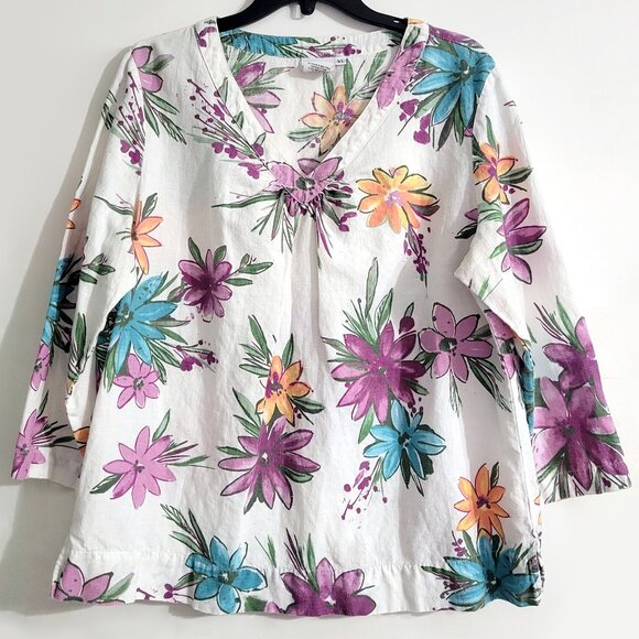 Hot Cotton Tops - Hot Cotton Womens V-Neck Long Sleeve Top Size XL Floral Linen Cotton Blend